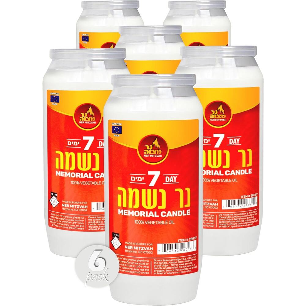6 Pack  Ner Mitzvah 7 Day Yahrzeit Memorial Candle Unscented Kosher Oil